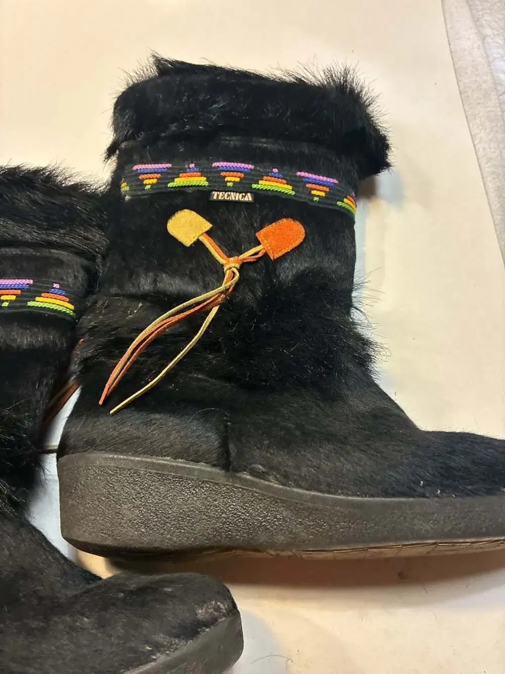 Tecnica Skandia Vintage Black Goat Fur Après-Ski Boots with Tribal Embroidery